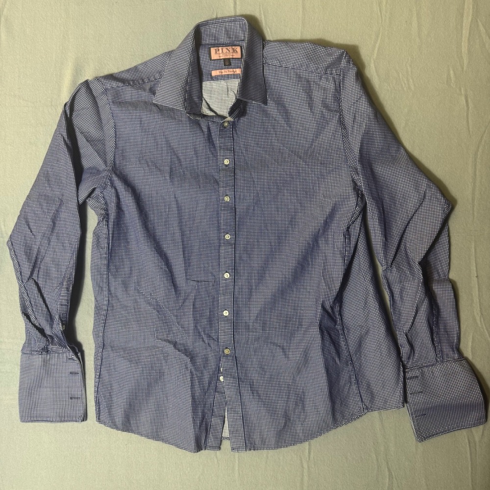 Thomas Pink Slim Fit Prestige Blue White Micro Check‎ Dress Shirt 17.5 44cm